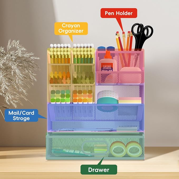 Mesh Pen Organizer for Desk, 13 Compartments with Drawer， Purple | Metal mesh pencil holder and desk organizer with tilted slots for easy access to stationery at home, school or office