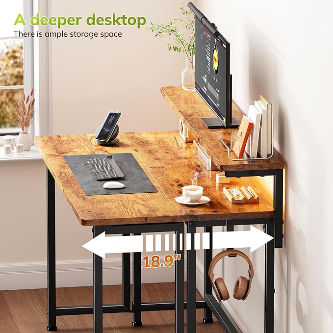 Folding Desk,Foldable Computer Desk with Monitor Stand,39.4 Inch Gaming Desk with LED Lights & Hooks,Space Saving Sofa Table for Couch,Home Office Desk for Bedroom Living Room,Rustic Brown