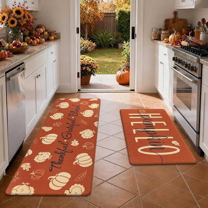 Ileading Fall Kitchen Mats Anti Fatigue, Pumpkin Kitchen Rugs Sets of 2 | Cushioned Non Slip Autumn Kitchen Mats for Floor, Waterproof Padded Floor Carpet for Harvest Thanksgiving