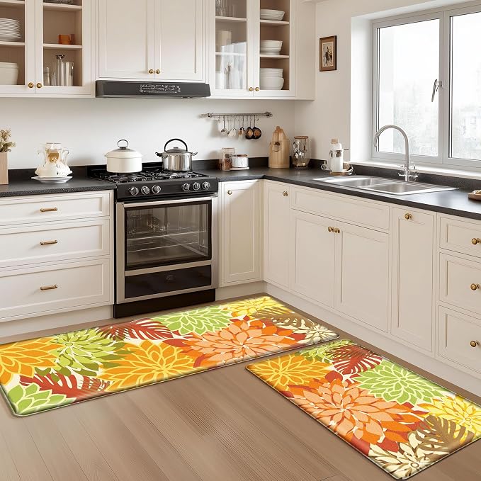 Arenarug Kitchen Mats for Floor 2PCS Cushioned Anti Fatigue Kitchen Mats Waterproof Non Slip Kitchen Rug Set Foam Standing Mat for Sink, Laundry, Office,17.3" x 28" + 17.3" x 47", Maple Orange