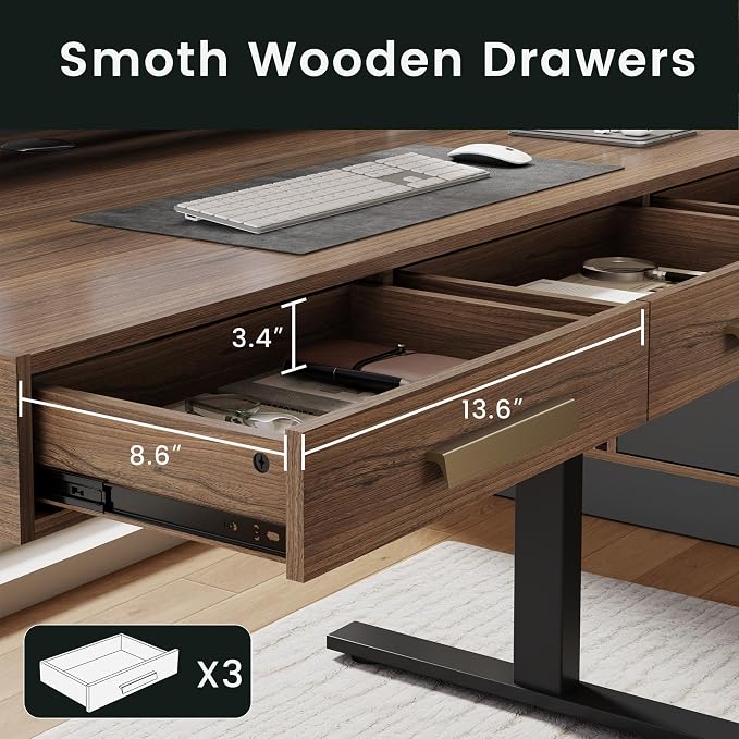 ModernMate 48" Electric Standing Desk with 3 Drawers & Monitor Shelf | Height Adjustable Sit Stand Desk, Home Office Computer Workstation with Storage for Small Space, Black Walnut