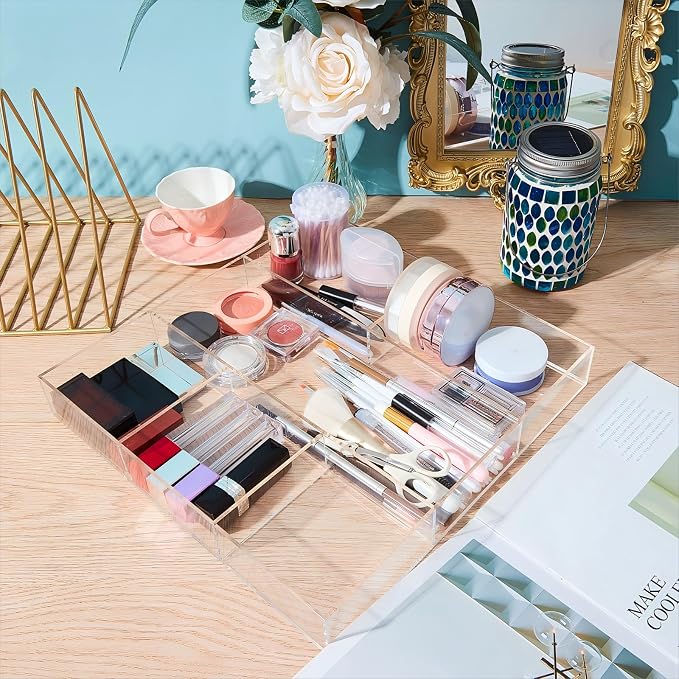 2 Pieces Makeup Drawer Organizer 6 Section Clear Desk Organizer with Dividers 3 Section Acrylic Makeup Tray Divided Drawer Inserts Sectioned Tray Storage