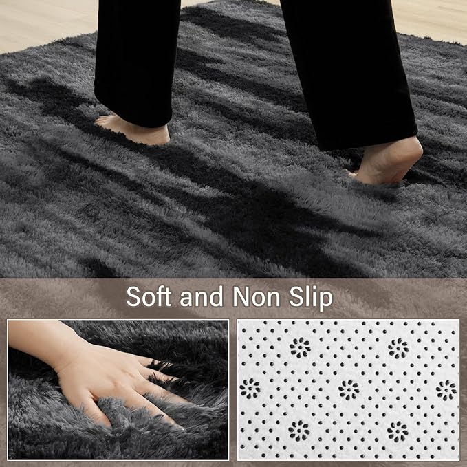 HOMORE 8x10 Area Rug for Living Room, Black and Grey Fluffy Furry Shaggy Rugs for Bedroom, Super Soft and Comfy Carpet for Kids Room, Cute Carpets for Nursery Girls Home Decor