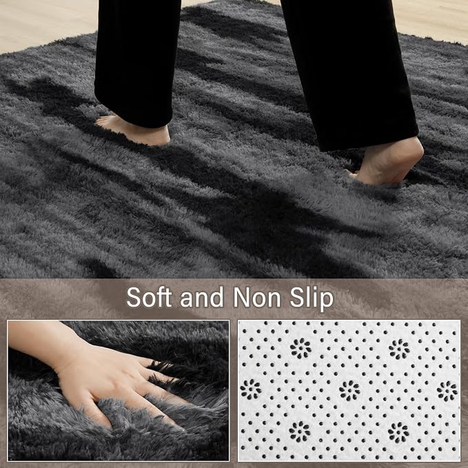 HOMORE 4x6 Area Rug for Bedroom, Black and Grey Fluffy Shaggy Rugs for Living Room, Gradient Abstract Rugs for Kids Boys Girls Room, Plush Rug for Dorm Home Floor Decor