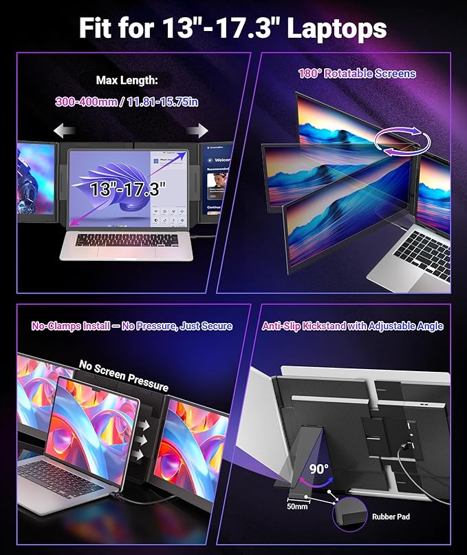 15.6" One-Cable Laptop Screen Extender, Ultra-Thin 1080P FHD Triple Portable Monitor, Travel Monitor for 13–17.3" Laptop, USB-C/USB-A Connection, Dual Monitor for Mac/Windows/Android(Driver Required)