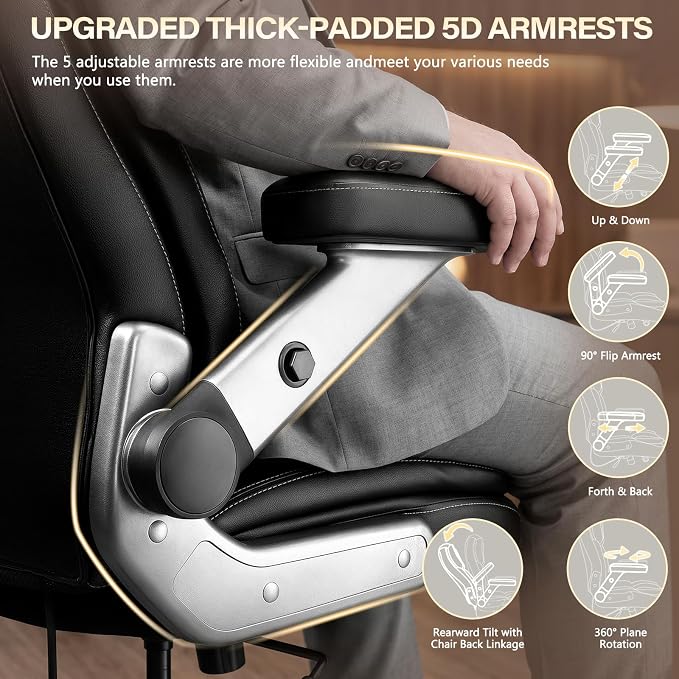 650LBS Big and Tall Office Chair with 5D Flip Arms and Thick Pocket Spring Cushion, Extra Wide Heavy Duty Office Chair & Adjustable Lumbar Support, Large High Back Computer Chair Dual Rubber Wheel