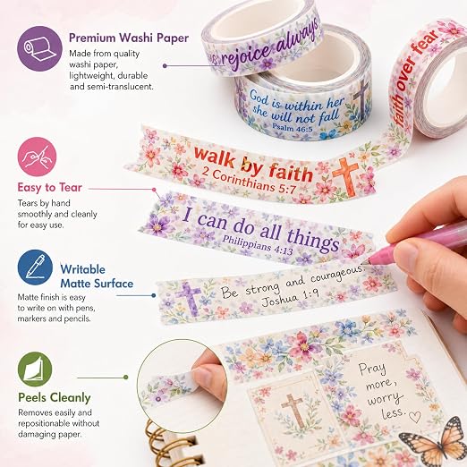 24 Rolls Christian Back to School Washi Tape Gifts Bulk Graduation Vbs Religious Scripture Inspirational Bible Verse Washi Tape for Bible Journaling Crafting Students Study Stationery