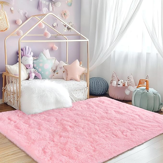 Awaytail 3x5 Fluffy Pink Area Rug - Soft Cute Shag Fuzzy Rug for Bedroom - Anti-Skid Living Room Girls Rug Pink Home Decor