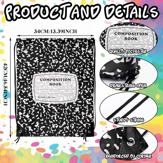 24 Pcs Back to School Composition Book Drawstring Bag Bulk 13"x16" Backpacks Carrying Folder Computer for Writing Teacher (Bright)