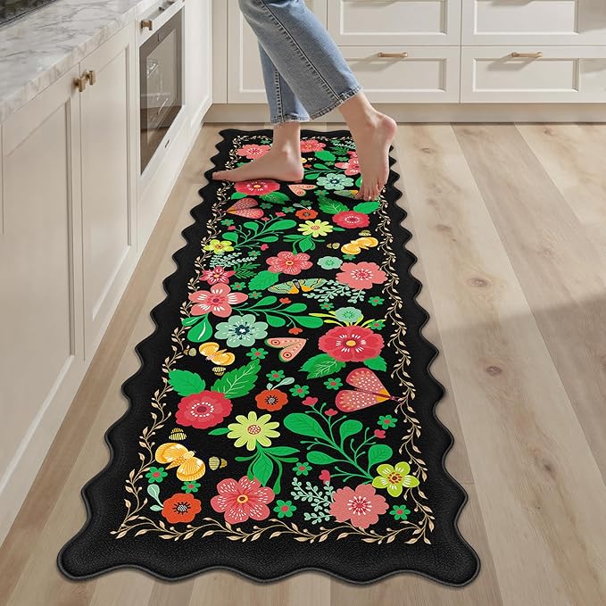 Scalloped Black Kitchen Mats for Floor Cushioned Anti Fatigue Kitchen Mats Rugs Waterproof Non Slip Farmhouse Boho Floral Comfort Foam Standing Mat for Sink Laundry, 17.3x59