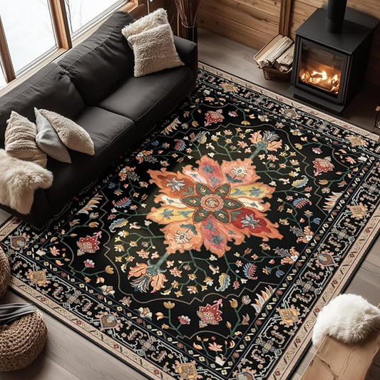 RELEANY Area Rugs 6'x8' Washable Non-Slip, Floral Vintage Distress Medallion Carpet for Living Room Bedroom Dining Room, Black Colorful Floral Dark Tan