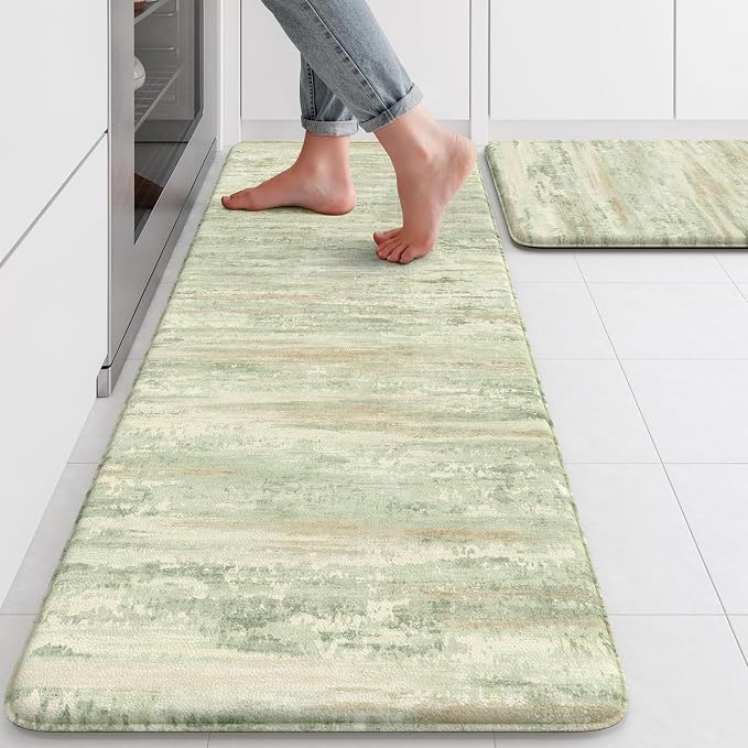 KIMODE Kitchen Mats for Floor, Light Green Aabstract Kitchen Rugs Sets of 2 | Anti Fatigue Mats for Kitchen Floor, Cushioned Kitchen Floor Mats,Comfort Bathroom Rugs for Sink Laundry Room 17"x47"+17"x29"