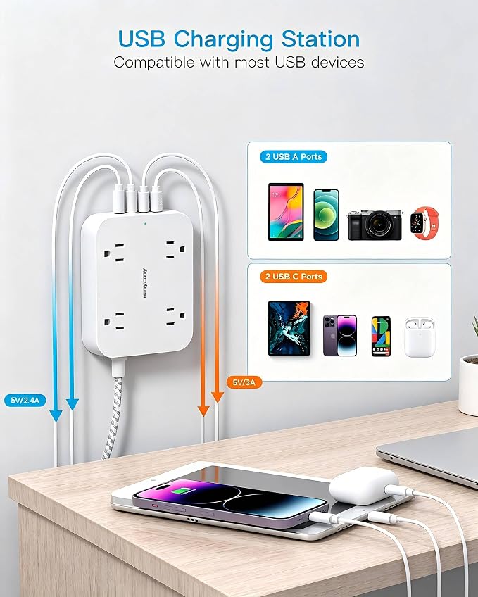 Surge Protector Power Strip, HANYCONY 10Ft Extension Cord with 4 USB Ports(2 USB C), 4 Widely Outlets Extender, Wall Mount, Desk Charging Station for Office School College Dorm Room Essentials