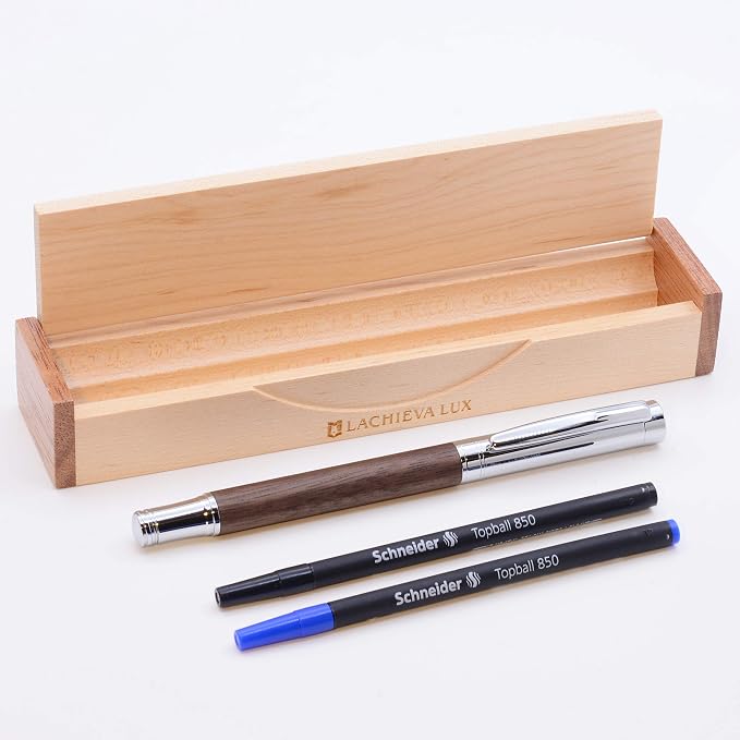 LACHIEVA LUX Elegant Walnut Rollerball Pen Set - Premium Wooden Pen with German Schneider Refill, Luxury Writing Instrument for Men & Women, Executive Gift for Office & Business (Walnut)