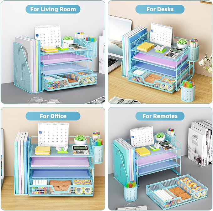 Marbrasse 4-Tier Paper Tray Organizer with Drawer and Pen Holder, Blue | Metal Mesh Desk Organizer, Built-in Drawer & 2 Pen Slots, fits letters/Files, for School Home Office Supplies