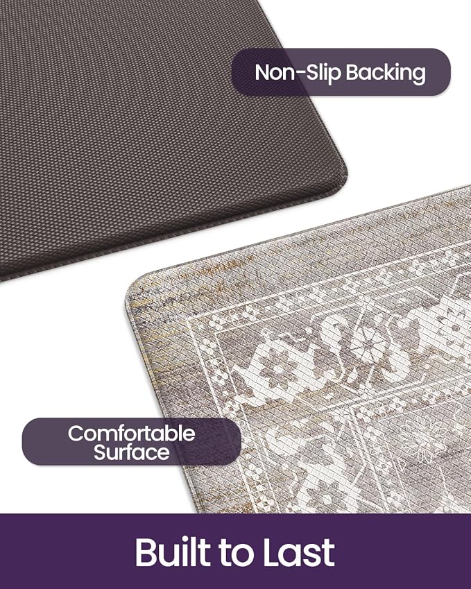 DEXI Kitchen Floor Mats Cushioned Anti Fatigue, 23x59 Long Wide Standing Comfort Runner Rug, Waterproof Retro Floral Memory Foam Padded for Front Sink Laundry, Grey Floral