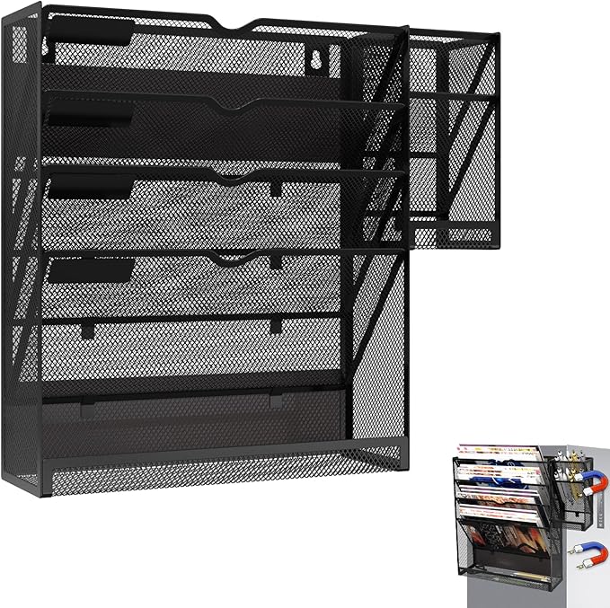 Magnetic File Holder, Magnetic File Organizer Wall Mount, 5 Tier Hanging Mail Organizer Folder Holder, Mesh Desk Accessories and Organizers, Paper Document Magazine Rack with 3 Pen Holder