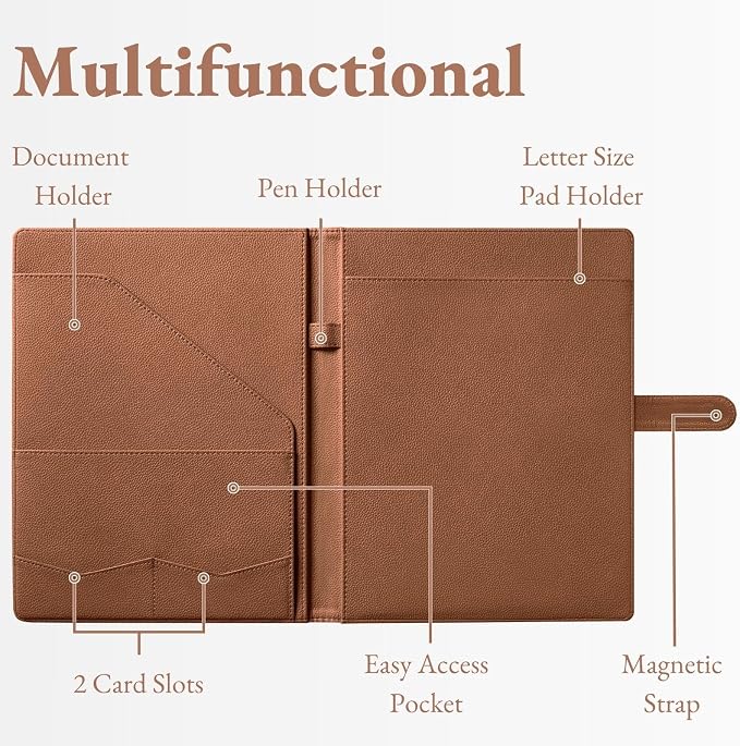 Mymazn Padfolio Portfolio Folder, Faux Leather Interview Resume Folder with Document Organizer & Business Card Holder, Letter-Sized Notepad Legal Pad Holder for Men Women (Golden Brown)