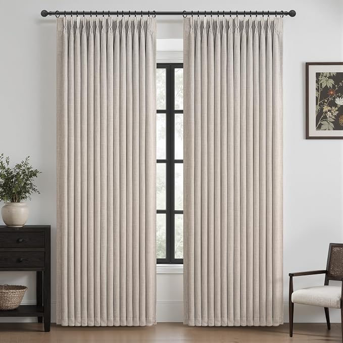 Blackout Linen Double Layer Classroom Curtains 86 Inches Long 2 Panels Set, Greyish Beige Memory Trained Pinch Pleat Insulated Soundproof Office Privacy Modern Windows Drapes with Back Tab 40W x 86L
