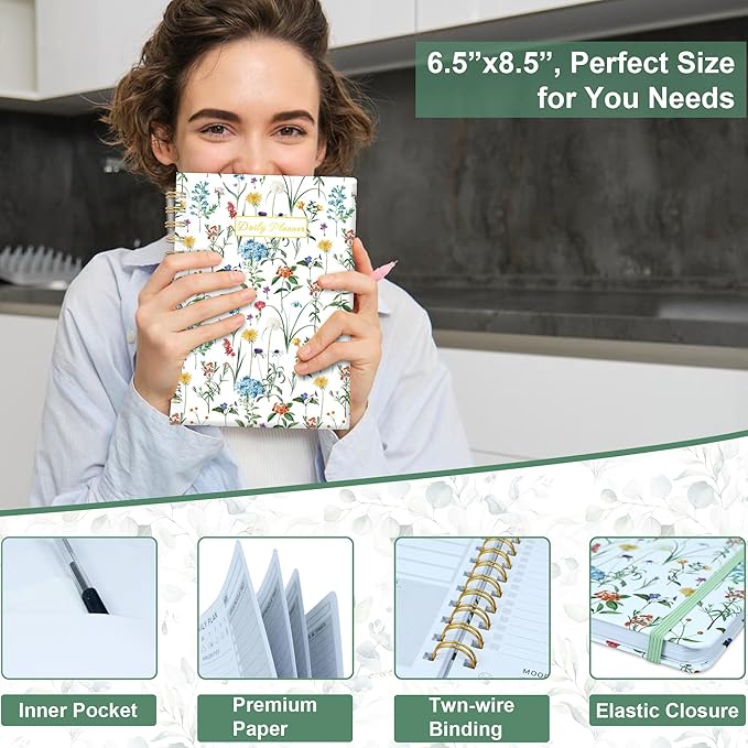 Daily Planner Undated - 6.5"x8.5" To Do List Notebook Spiral Appointment Planner to Organize Tasks & Boost Productivity, Perfect Office & School Supplies for Women & Men, Wildfloral