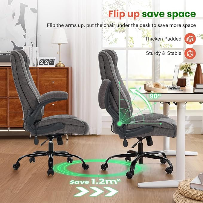 CIOMAN 500lbs Big and Tall Office Chair with Inflatable Lumbar Support, Rubber Wheels Executive Chair with Rocking Function, High Back Wide Cushion Ergonomic Desk Chair for All-Day Sitting,Grey