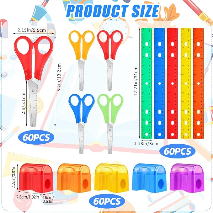 AmazingSpark 180 Pcs Back to School Supplies Kit Include 60 Clear Plastic Ruler 12 Inch 60 Safety Blunt Tip Student Scissors 60 Miniature Pencil Sharpeners with Cover for Classroom School Office