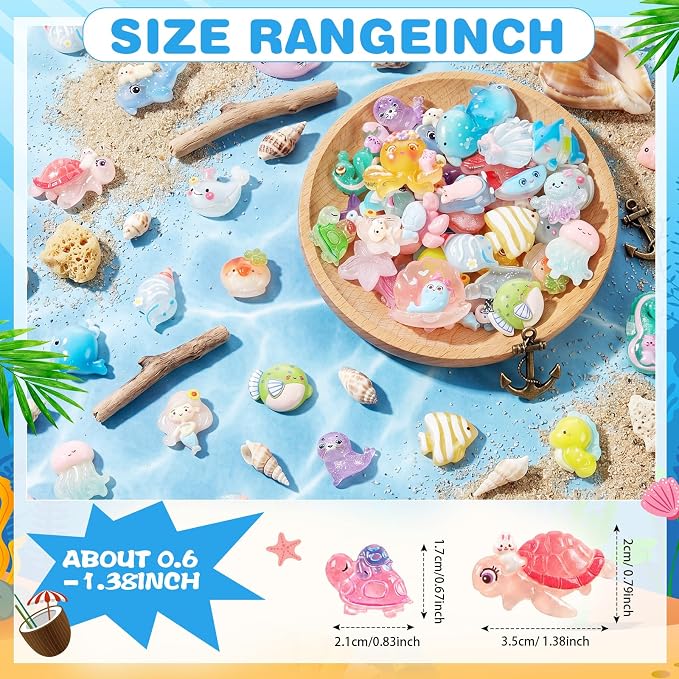 Giegxin 40 Pcs Transparent Resin Charms Sea Animal Shell Mermaid Starfish Turtle Flatback Cabochon Accessories Cute Embellishment Bulk for Jewelry Cellphone Case Scrapbooking Headband DIY Craft Making