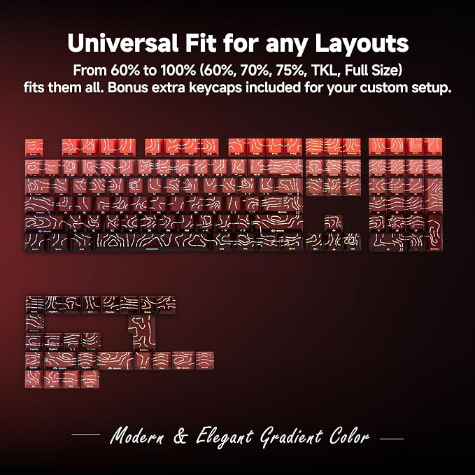 133 Aesthetic Topographic PBT Keycaps, No Tearing, Never Fade & Non-Slip, Modern RGB Backlit Red-to-Black Gradient Keycaps for Mechanical Keyboard - Ergonomic (Doubleshot, Fit for All MX Layout)