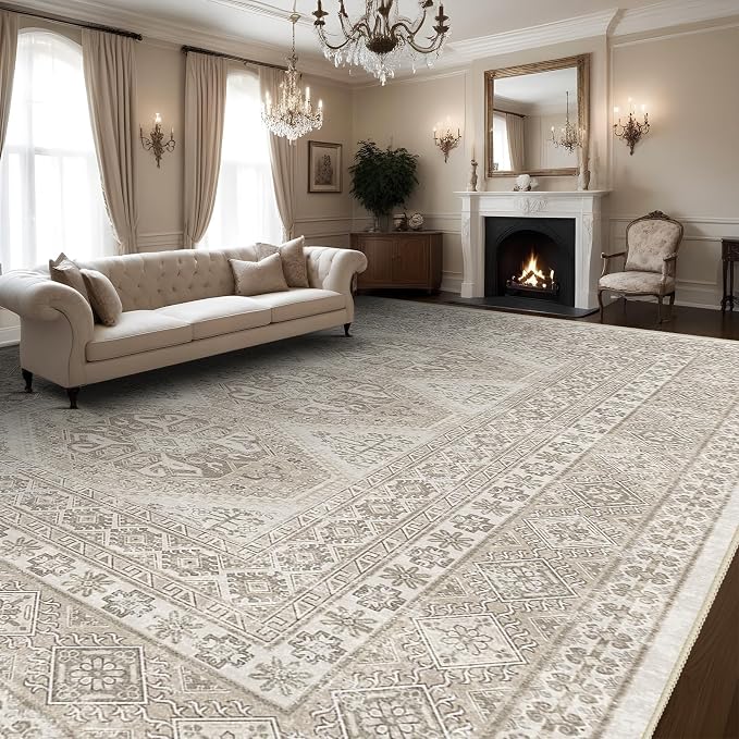 Large Rugs for Living Room: 10x14 Area Rugs Farmhouse Indoor Machine Washable Rug Non-Slip with Rubber Backed Oriental Carpets (Beige, 10x14)