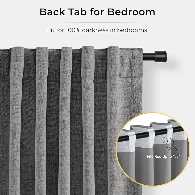 INOVADAY Blackout Curtains, 2-Panel Linen Textured 100% Thermal Insulated Room Darkening Sun Blocking Drapes for Bedroom, Nursery, Living Room + 20 Curtain Ring Clips - Dark Grey, 50''W x 72''L