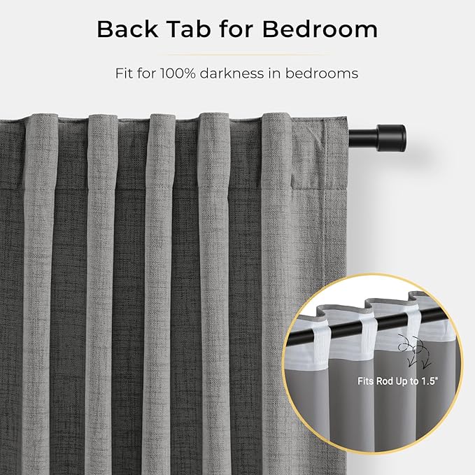 INOVADAY 100% Blackout Curtains for Bedroom, Dark Grey Black Out Curtains 96 Inch Long, Clip Rings Linen Blackout Drapes, Thermal Insulated Room Darkening for Living Room, 2 Panels - W50xL96