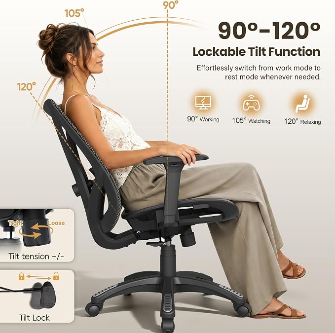 Ergonomic Office Chair, Mesh Computer Desk Chairs with Adjustable Lumbar Support, 3D Armrests, Tilt Function, Comfy Wide Seat, Swivel Executive Work Task Chair for Company and Home