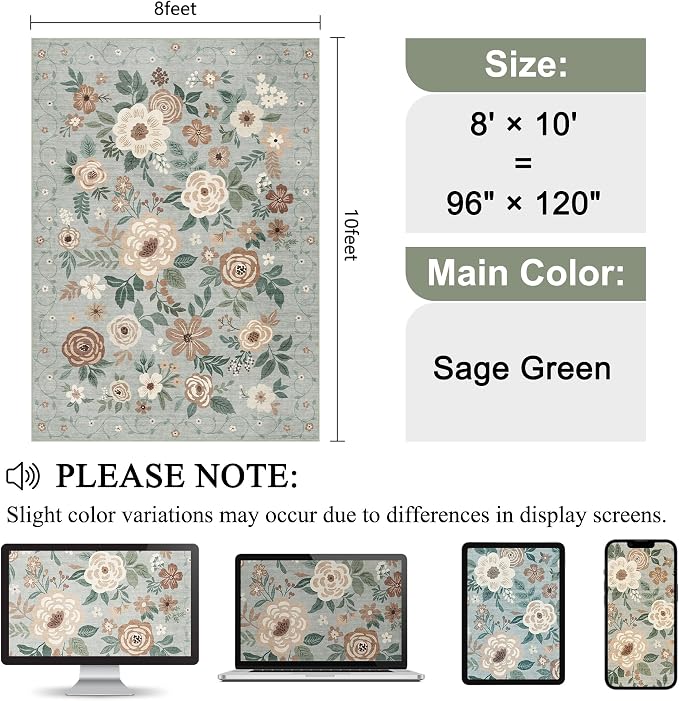 DUKINO 8x10 Area Rug, Floral Rugs for Living Room, Lightweight Non Slip Washable Rug, Indoor Low Pile & Non-Shedding Boho Design Rugs for Bedroom, Living Room, Dining Room, Sage Green