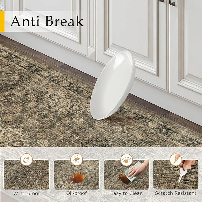 Vintage Kitchen Mats for Floor Anti Fatigue Waterproof Kitchen Rugs Sets of 2 Brown Cushioned Non-Slip Kitchen Mats Comfort Standing Mat for Sink Laundry Office 17.3"×47"+17.3"×30"