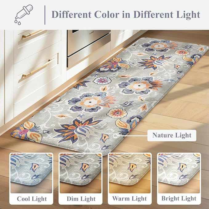 LEEVAN Anti Fatigue Kitchen Mats for Floor, Cushioned Kitchen Mat Set 2PCS | 20"x31"+20"x47", Boho Floral Blue Gray Kitchen Rugs Non-Slip, Waterproof Ergonomic Standing Mats for Laundry, Office, Sink