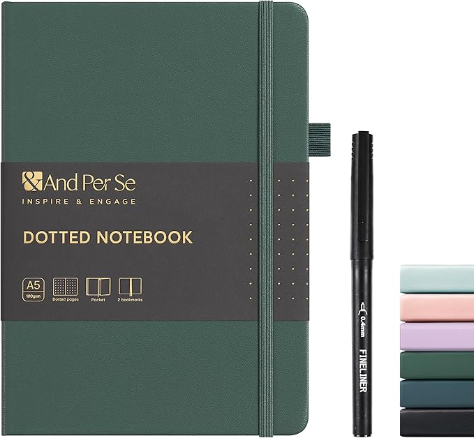 &And Per Se Dotted Journal and Pen Set, A5 Leather Hardcover Dotted Notebook, 160 Pages 100GSM Thick Paper Dot Grid Journal with Fineliner Pen (Green)