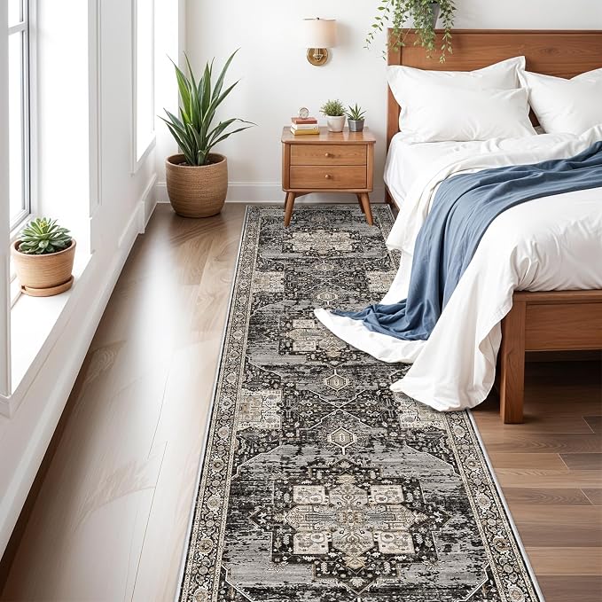 RUUGME Hallway 3x14 Runner Rugs - Large Boho Rugs for Living Room Stain Resistant Carpet Vintage Tribal Rugs for Bedroom Kitchen Bathroom Non Slip Backing Home Decor Floor Decoration Mat 3X14 Black