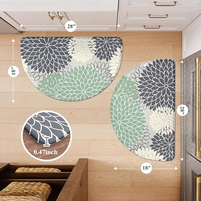KIMODE Half Circle Kitchen Mats for Floor Cushioned Anti Fatigue 2PCS Semi | 28"x18"+28"x18",Half Round,Cyan,Boho Kitchen Rug Sets of 2,Non Slip,Waterproof,Padded Kitchen Carpet Decor for Sink Laundry