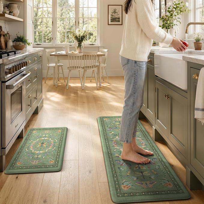 KIMODE Kitchen Mats for Floor Cushioned Anti Fatigue Kitchen Rugs Sets of 2 | 17 x29+17"x47", Sage Green,Vintage Butterfly,Non Slip Waterproof,Memory Foam,Standing Mats,for Laundry Sink Office Home Decor
