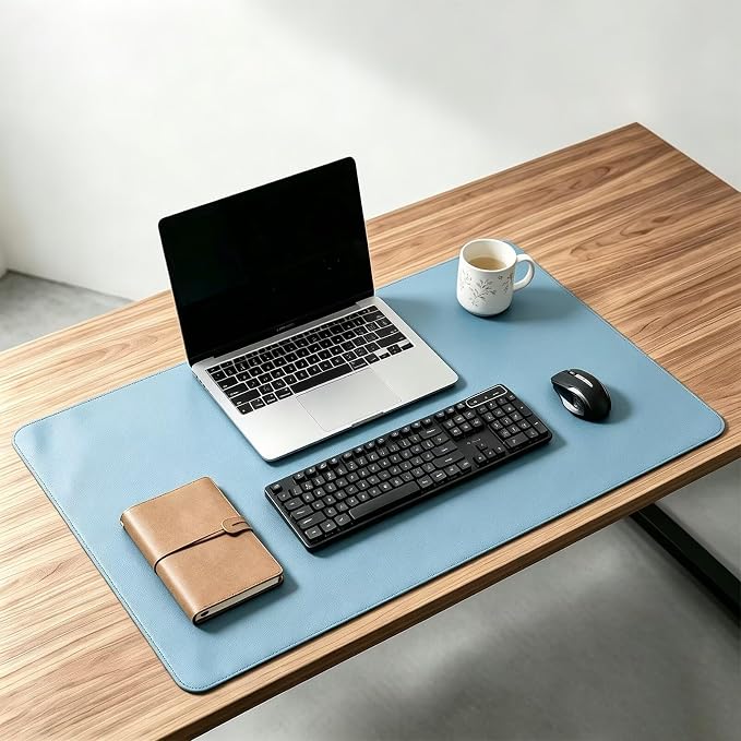 Leather Office Desk Pad Protector, Large Mouse Mat, Non-Slip, PU Leather, Laptop Desktop Blotter, Waterproof Writing Surface for Work and Home, Light Blue, 17" x 63"