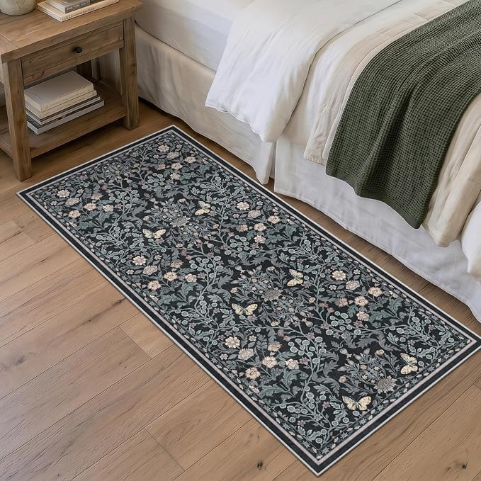 Puino Washable 2x4 Runner Rug: Soft Vintage Floral Non Slip Rubber Backing Floor Mat for Entryway Low Pile Stain Resistant Carpet for Hallway Kitchen Bedroom Bathroom Bedside Home Decor Dark Botanical