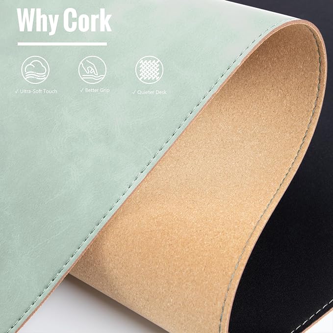 HAUTOCO Cork Desk Mat 31.5"x15.7", Distressed PU Leather & Cloth Desk Pad | Waterproof, Non-Slip, Stitched Edges, Mint Green Large Gaming Mouse Pad, Laptop Blotter & Desk Protector for Office and Home