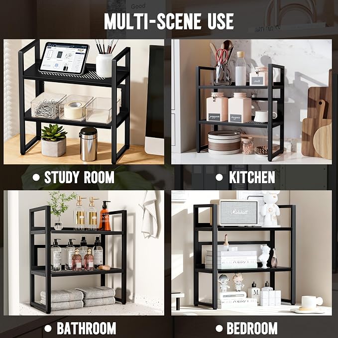 Brakki Desk Shelf Organizer, 2-Tier Desktop Bookshelf, Small Office Shelf | Adjustable Shelf, Metal Desktop Rack for Dorm, with Foot Mat, Multi-Functional Organization, Black