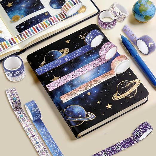 12 Rolls Galaxy Washi Tape Set Purple Stars Decorative Tapes Silver Gold Foil Masking Tape for Scrapbook Bullet Journal Planner DIY Art Craft Party Decor Gifts Wrapping