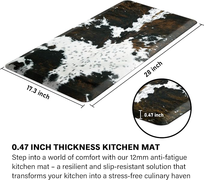 Tyrot Cowhide Kitchen Mat Cushioned Anti Fatigue - 1/2 Inch Thick Western Cow Kitchen Mats for Floor, Non Slip PVC Waterproof Standing Desk Ergonomic Comfort Rugs for Sink, Office, Laundry, 17.3x28