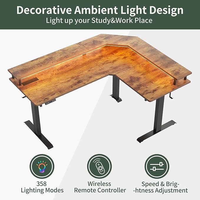 FEZIBO 63"x49" L Shaped Standing Desk with LED Strip & Power Outlets, Height Adjustable Sit Stand Corner Gomputer Desk with Ergonomic Monitor Stand, Rustic Brown Top/Black Frame