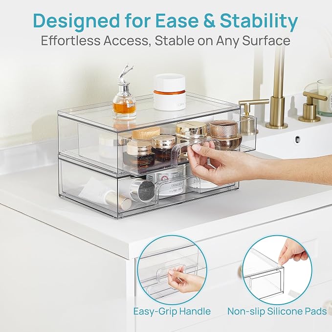 Vtopmart Clear Stackable Storage Drawers, 2 Pack Wide Plastic Organizers | Clear Pull-Out Plastic Drawers, Stackable Design for Makeup Palettes, Cosmetics, Beauty Supplies, Vanity, Cabinet and Desk
