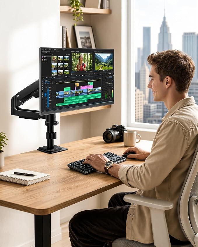 Single Monitor Arm for 17-32 Inch Screens, Holds up to19.8 lbs | Desk Monitor Mount with Clamp and Grommet Base,Gas Spring Monitor Stand,Full Motion Monitor Arms for Home Office