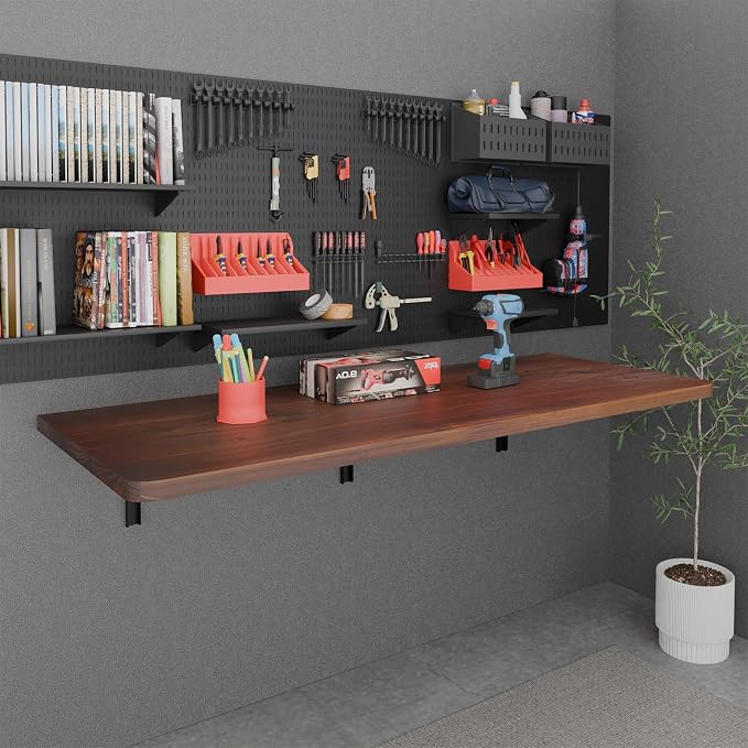 IAE Floating Wall Mounted Folding Table Desk with Pine Wood,55"x22" Folding Workbench,Fold Down wall Mounted Foldable Table with Shelf Brackets,Laundry Folding Table for Apartment,Home,Kitchen,Walnut