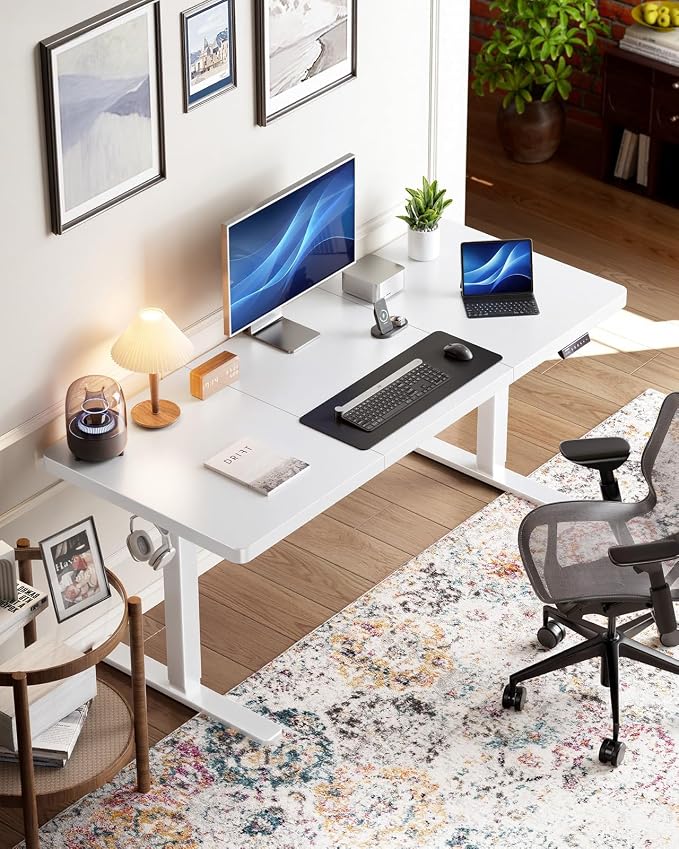 HUANUO 71 x 30 inch White Electric Standing Desk, Large Height Adjustable Table, 4 Memory Preset Sit Stand Up Desk, Powerful Brushless Motor Home Office Computer Table with Thick T-Shaped Frame